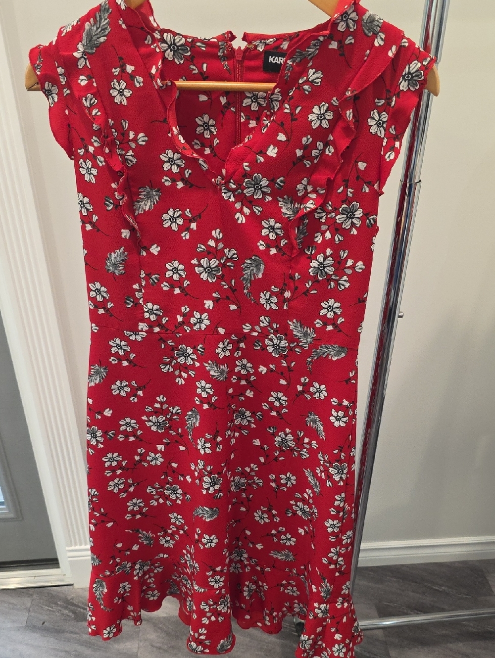 Karl Lagerfeld Red Floral Ruffle-Trim Midi Dress Size 4